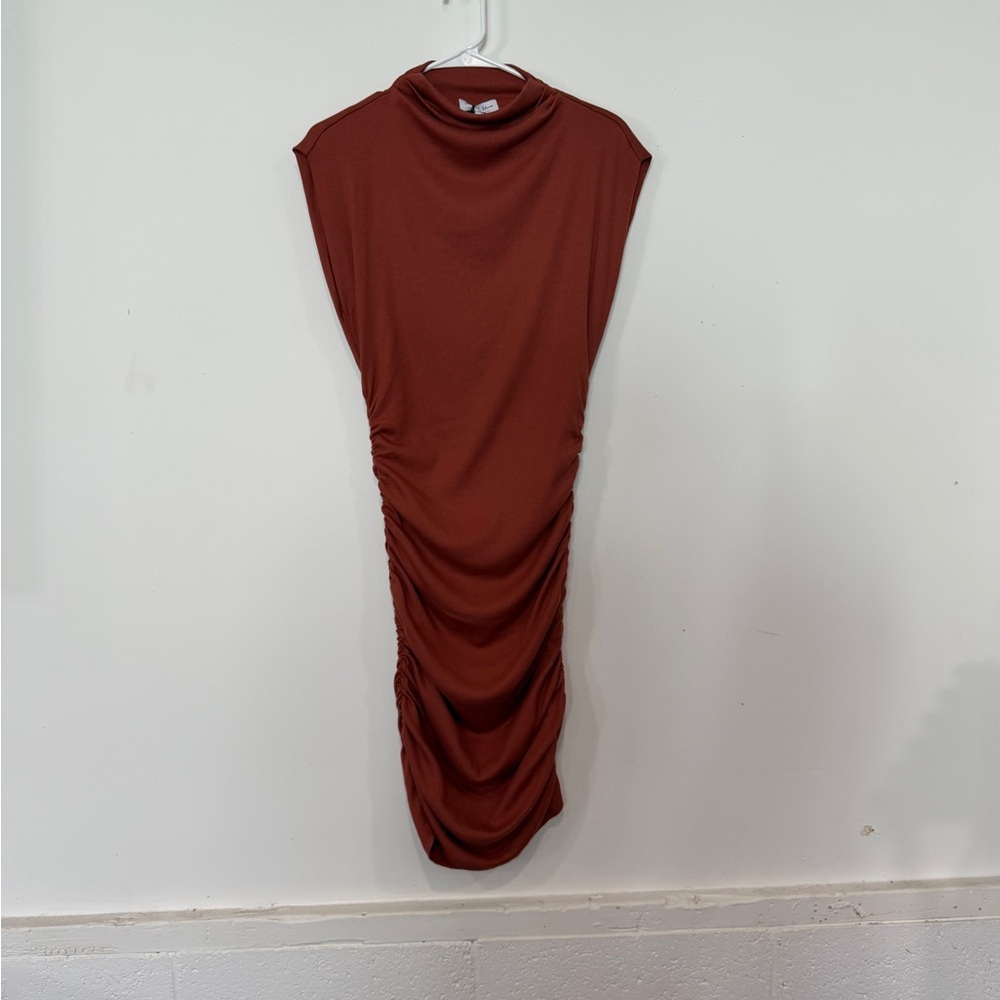 Michael Stars Gia Mock Neck Rust Midi Dress with Side Ruching
